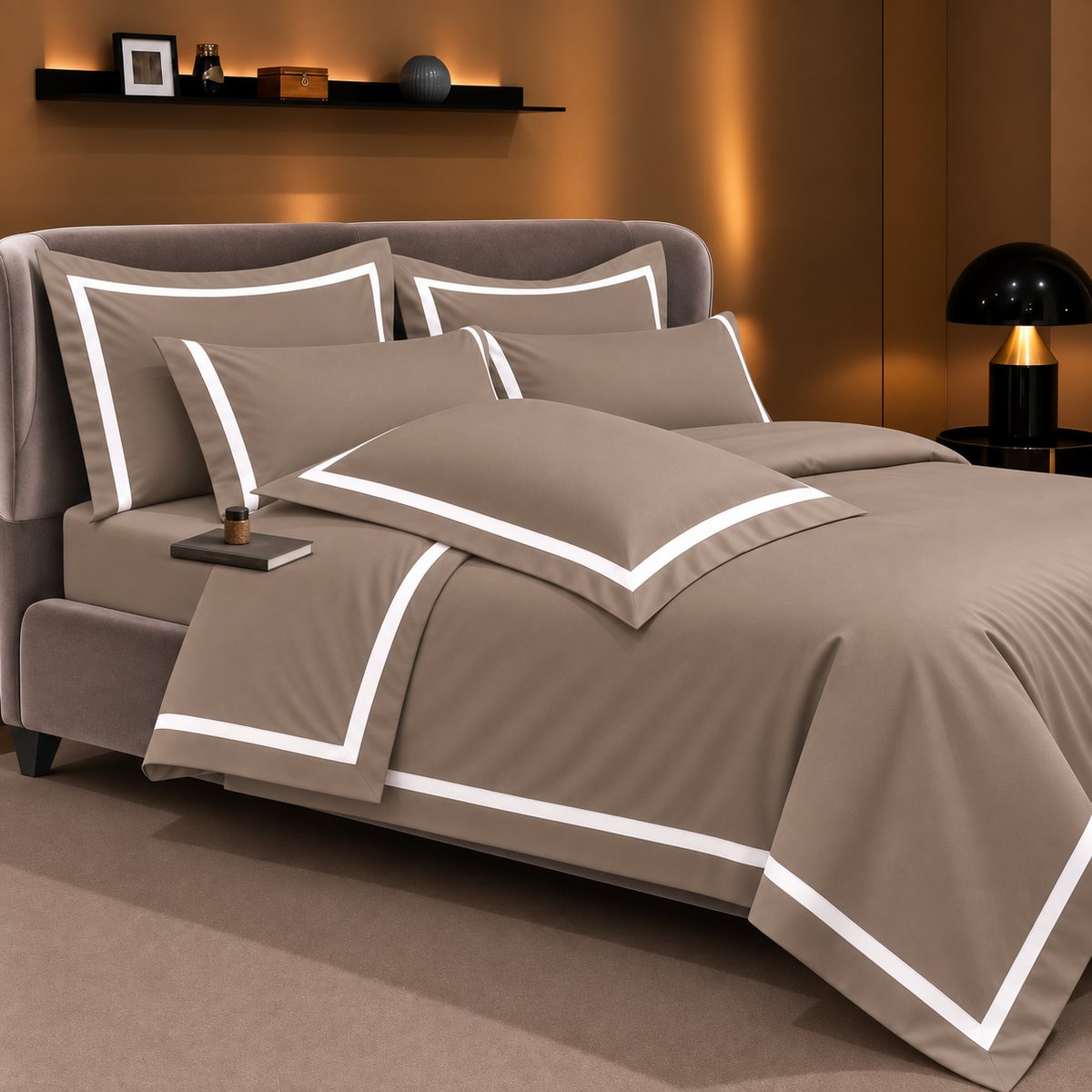 Malako Luxe Striped 550TC Taupe Brown 100% Cotton Super King Size Duvet Cover Set with Bedsheet and 4 Pillow Covers