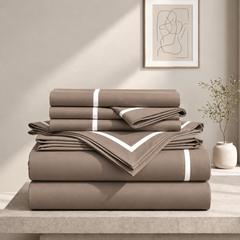 Malako Luxe Striped 550TC Taupe Brown 100% Cotton Super King Size Duvet Cover Set with Bedsheet and 4 Pillow Covers