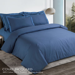 Malako Como Jacquard Majolica Blue Checks 550 TC 100% Cotton King Size Bedding