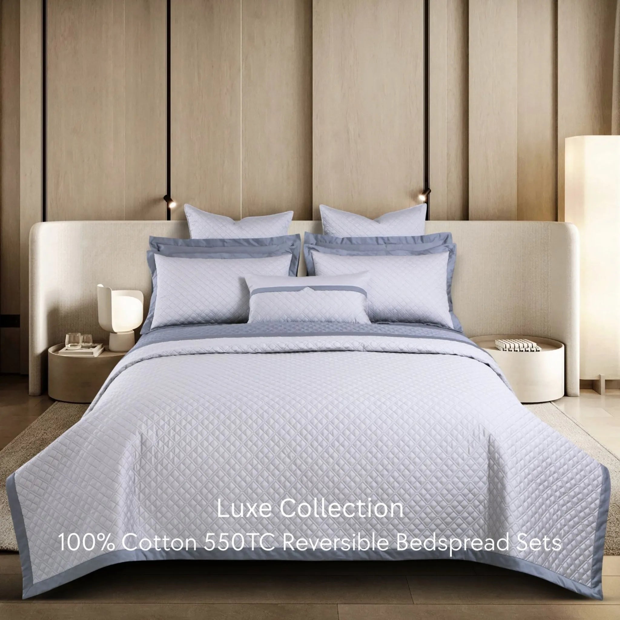 Malako Luxe 550 TC 100% Cotton Silver Grey Solid King Size Reversible Bedspread Set