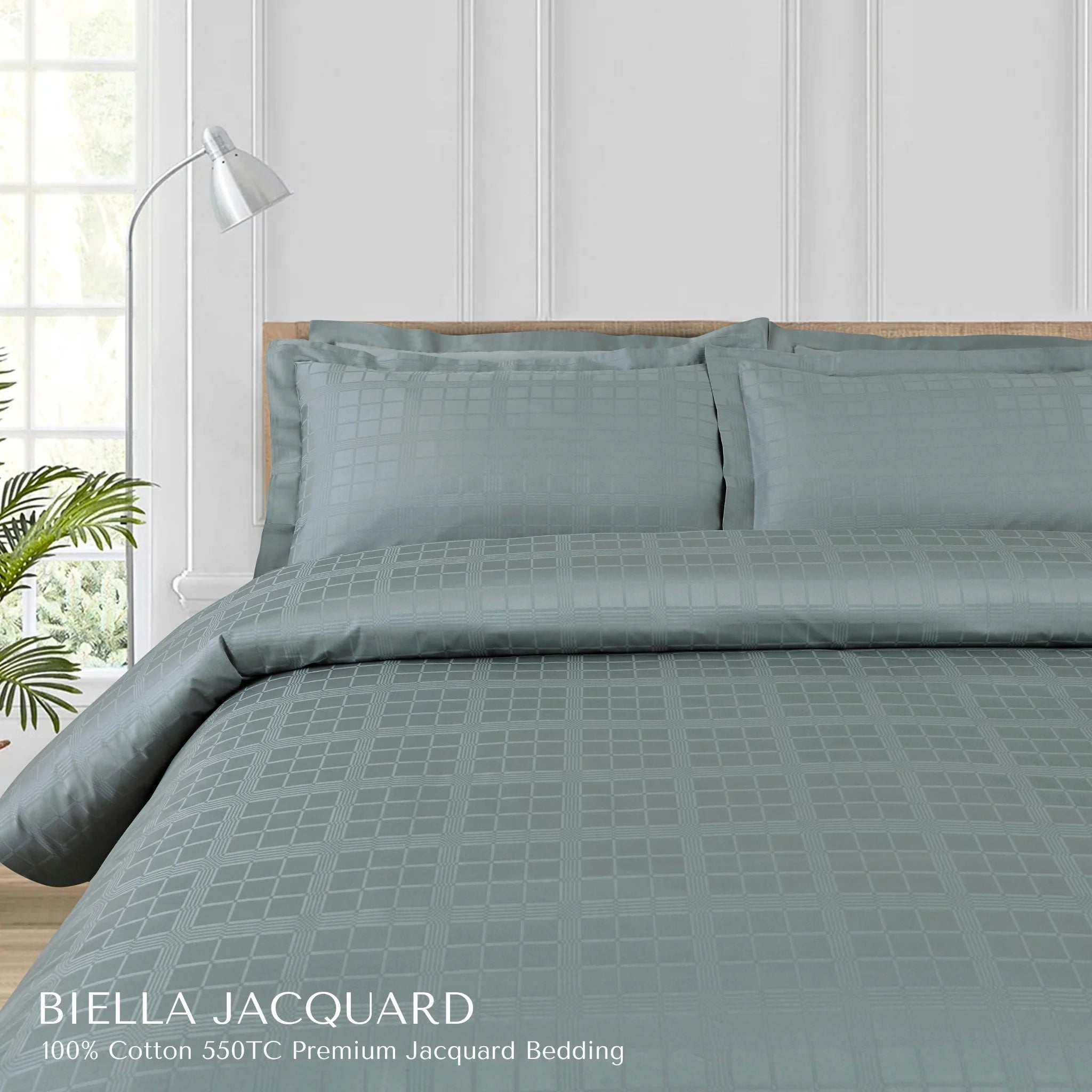 Malako Biella Jacquard Olive Green Checks 550 TC 100% Cotton King Size Bedding