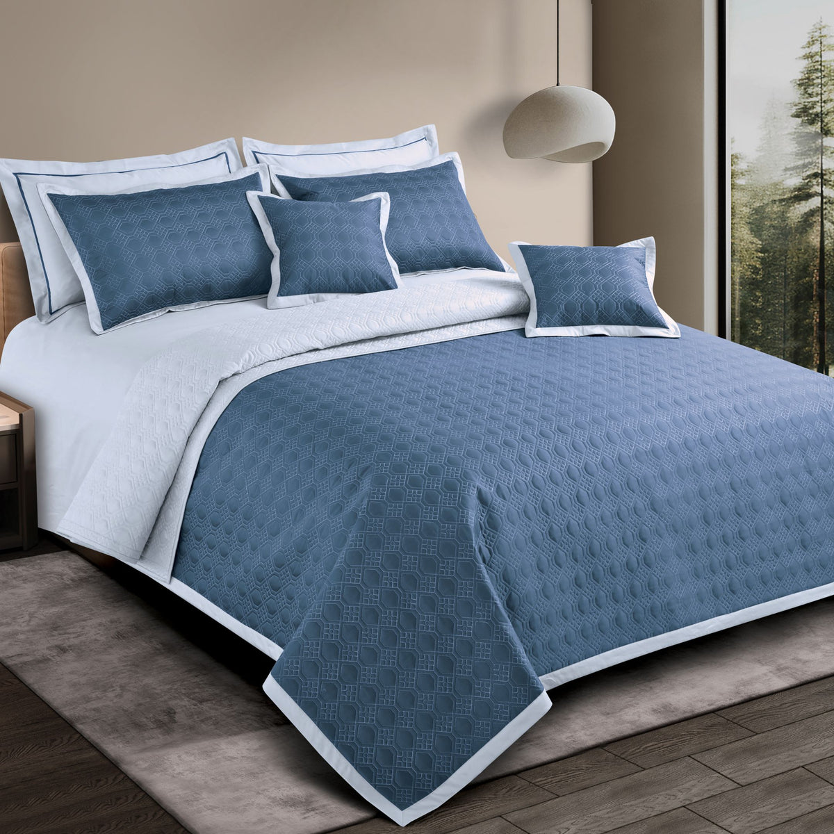 Malako Luxe 550 TC 100% Cotton Blue & Silver Grey Solid King Size Reversible Bedspread Set