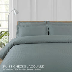 Malako Swiss Checks Jacquard Olive Green 550 TC 100% Cotton King Size Duvet Cover Set