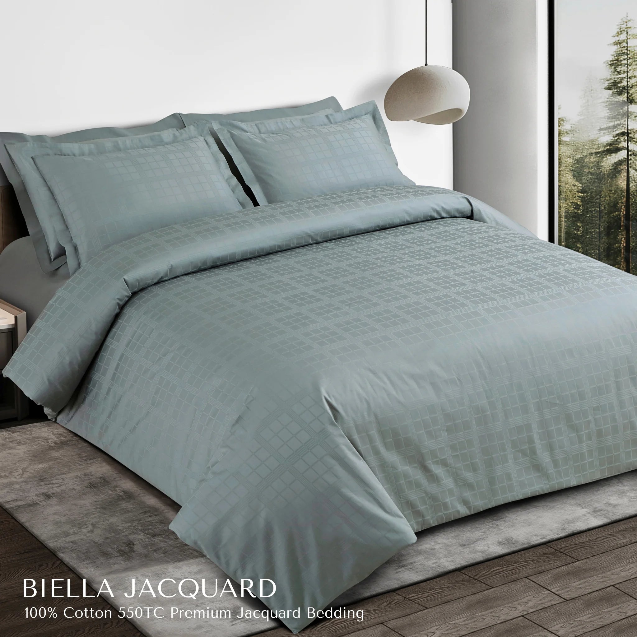 Malako Biella Jacquard Olive Green Checks 550 TC 100% Cotton King Size Bedding