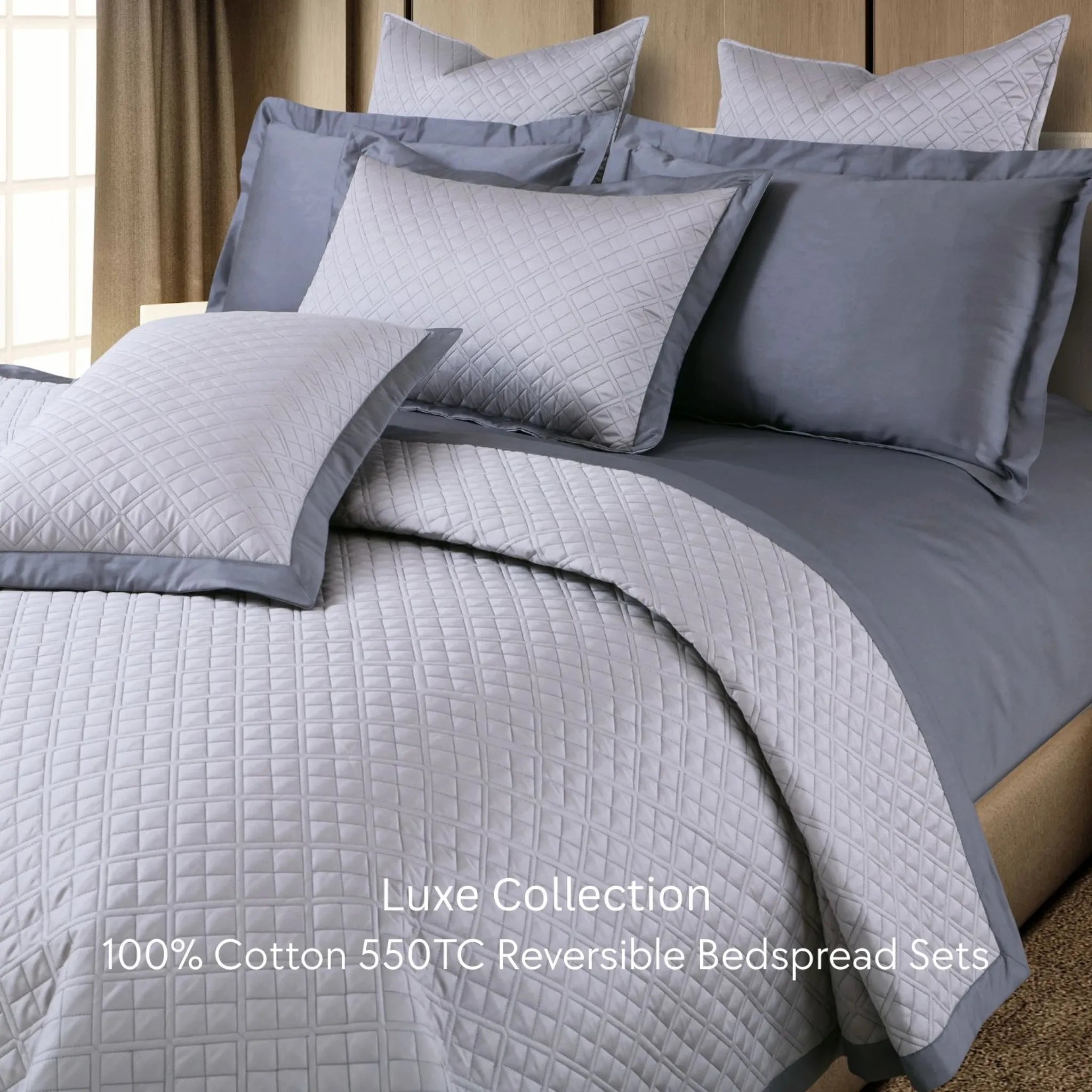 Malako Luxe 550 TC 100% Cotton Silver Grey Solid King Size Reversible Bedspread Set
