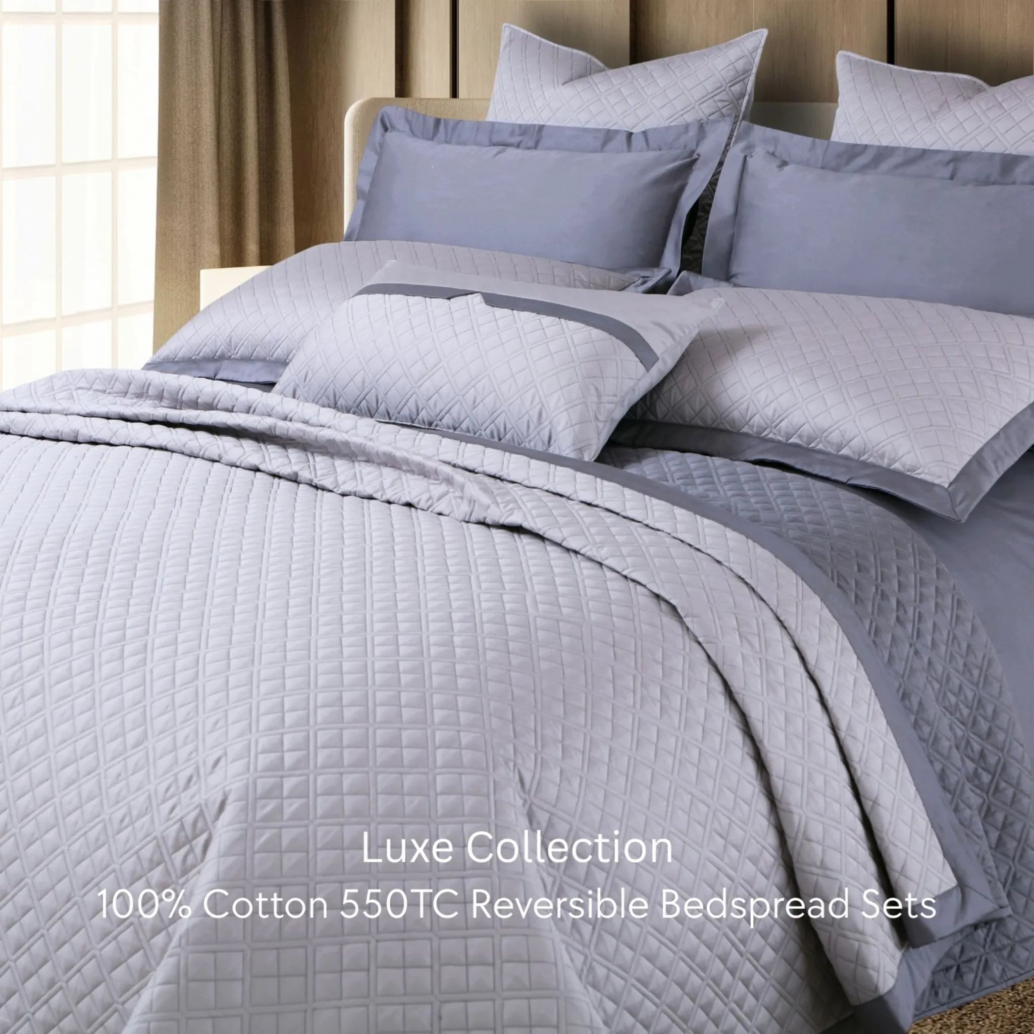 Malako Luxe 550 TC 100% Cotton Silver Grey Solid King Size Reversible Bedspread Set