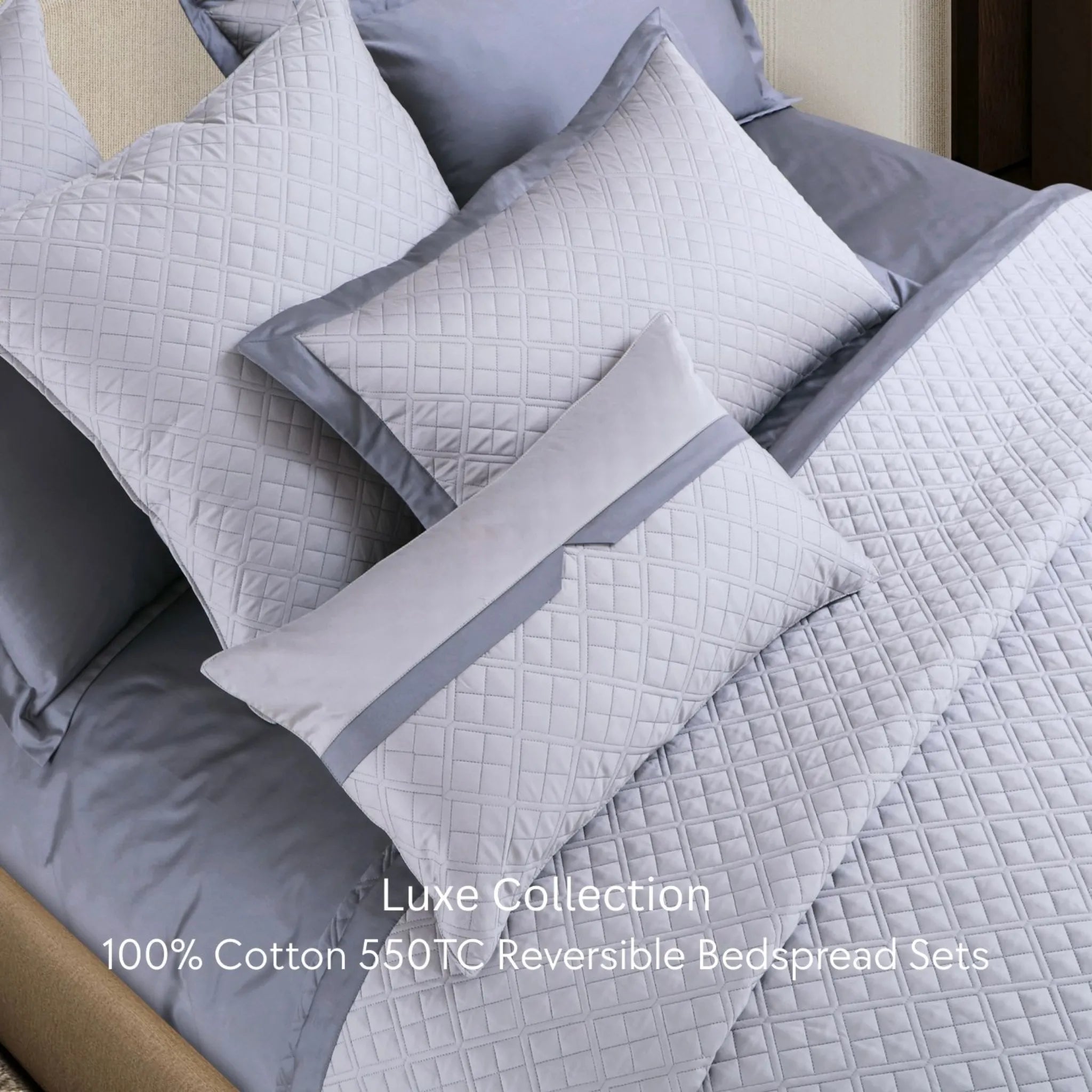 Malako Luxe 550 TC 100% Cotton Silver Grey Solid King Size Reversible Bedspread Set