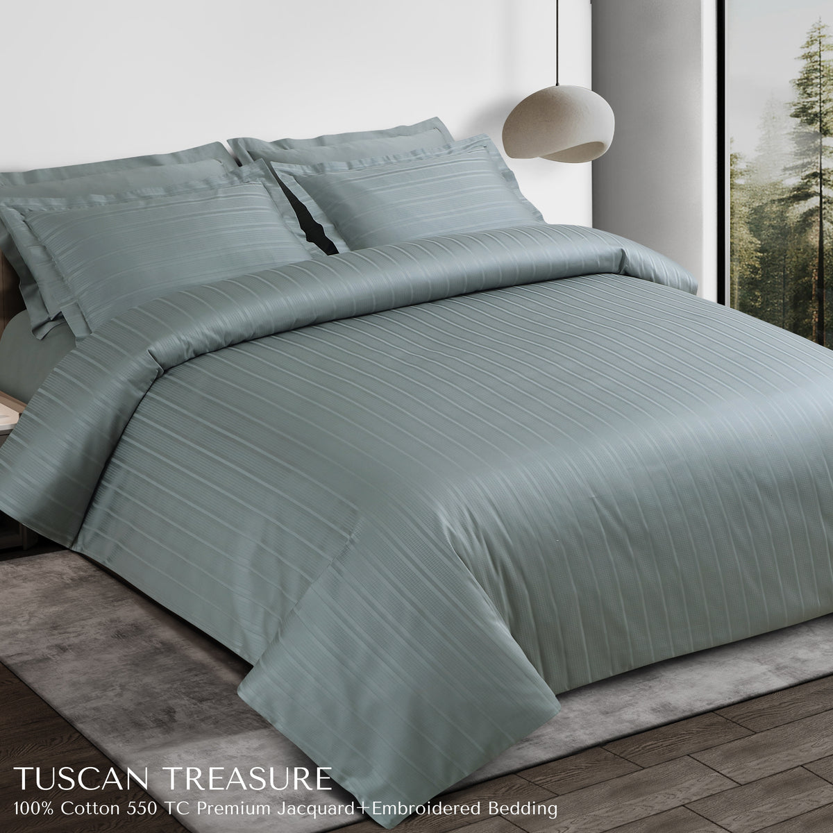 Malako Tuscan Treasure Striped Jacquard Olive Green 550 TC 100% Cotton Duvet Cover