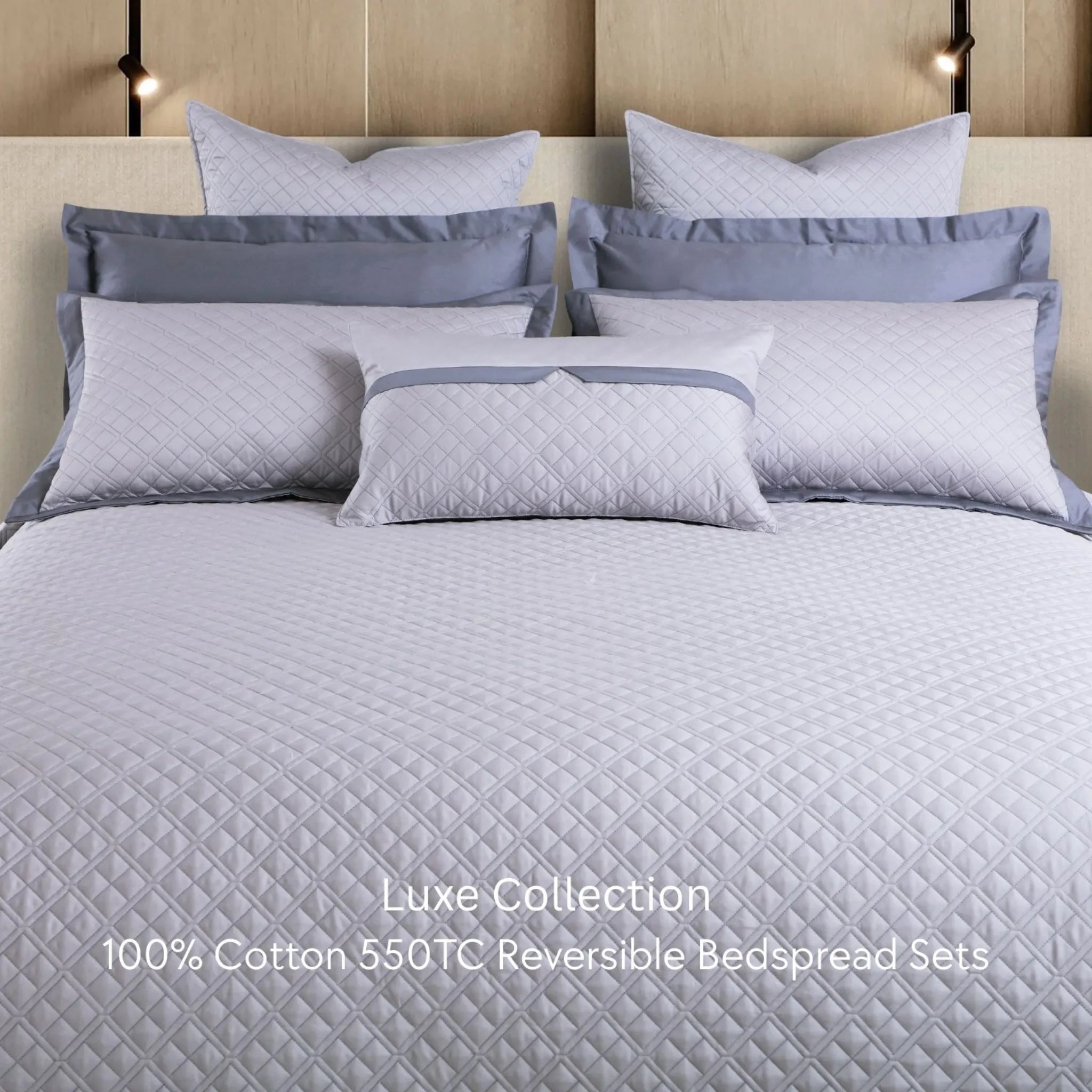 Malako Luxe 550 TC 100% Cotton Silver Grey Solid King Size Reversible Bedspread Set