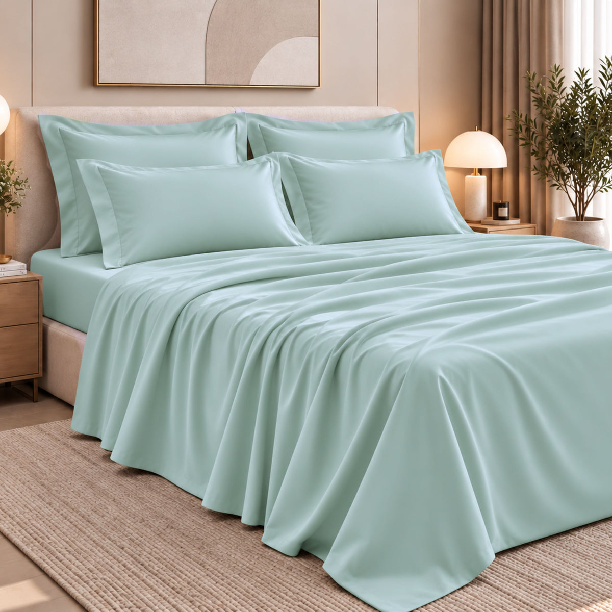 Malako Luxe: Vibrant Collection 550TC Mint Green 100% Cotton Super King Size Bedding