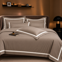 Malako Luxe Striped 550TC Taupe Brown 100% Cotton Super King Size Duvet Cover Set with Bedsheet and 4 Pillow Covers