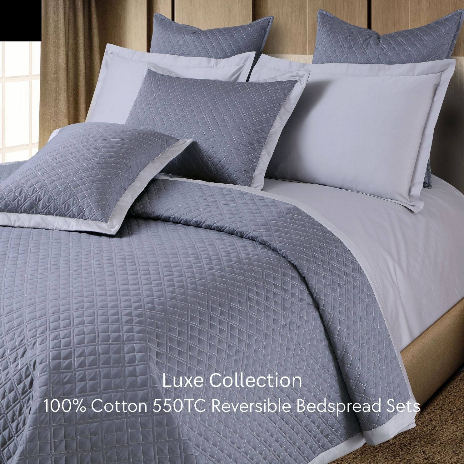 Malako Luxe 550 TC 100% Cotton Grey Solid King Size Reversible Bedspread Set