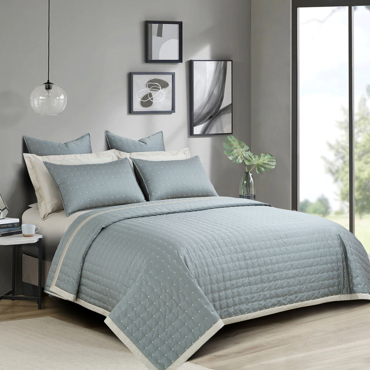 Malako Luxe 550 TC 100% Cotton Olive Green Solid King Size Bedspread Set