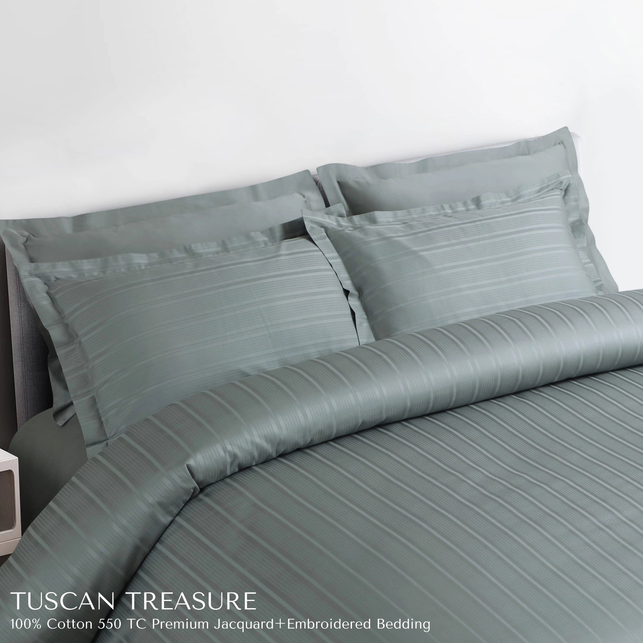 Malako Tuscan Treasure Striped Jacquard Olive Green 550 TC 100% Cotton King Size Bedding