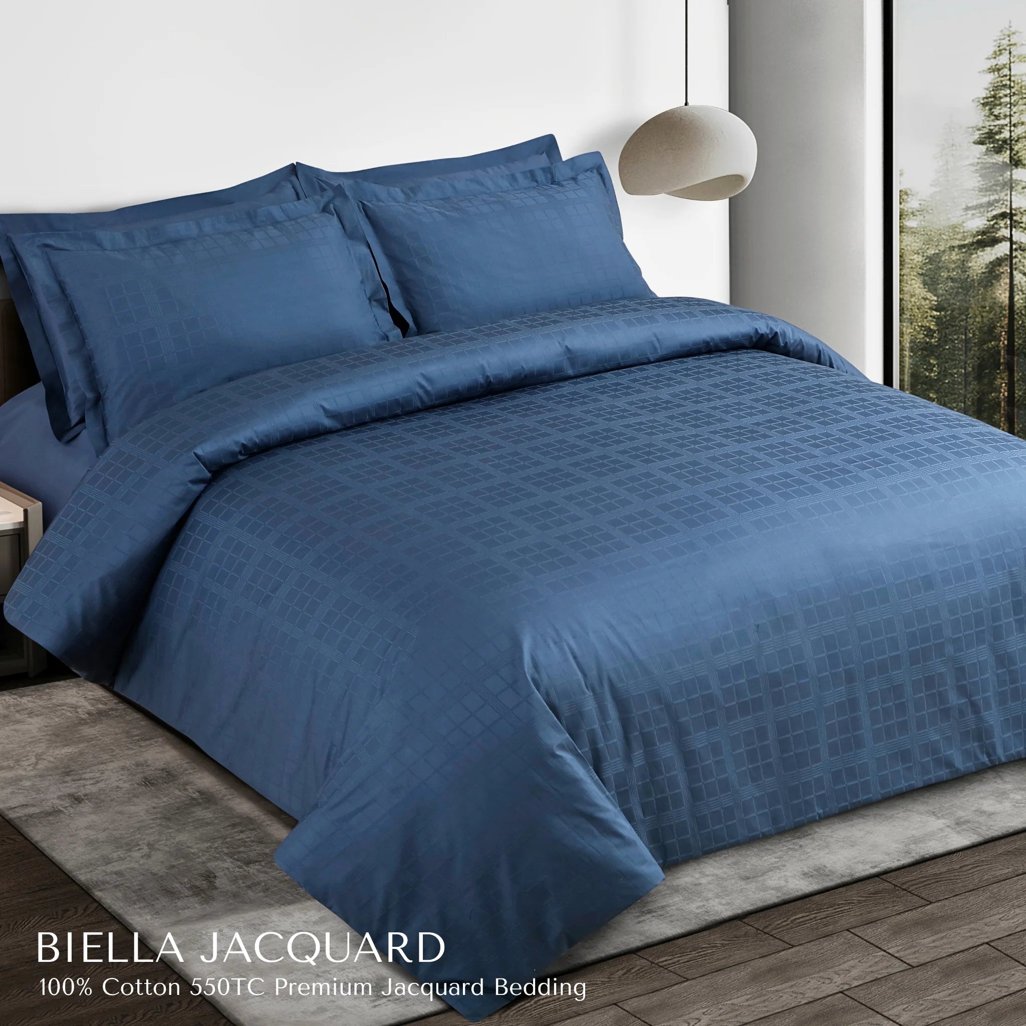 Malako Biella Jacquard Majolica Blue Checks 550 TC 100% Cotton Double Bed Duvet Cover