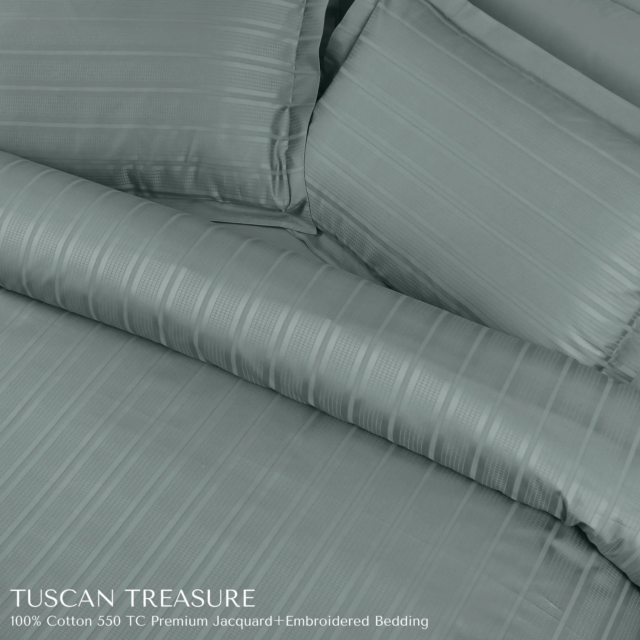 Malako Tuscan Treasure Striped Jacquard Olive Green 550 TC 100% Cotton King Size Duvet Cover Set
