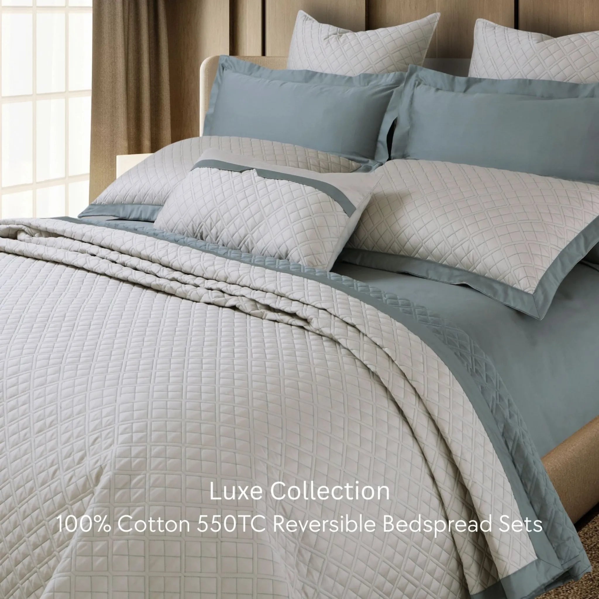 Malako Luxe 550 TC 100% Cotton Beige & Olive Green Solid King Size Reversible Bedspread Set