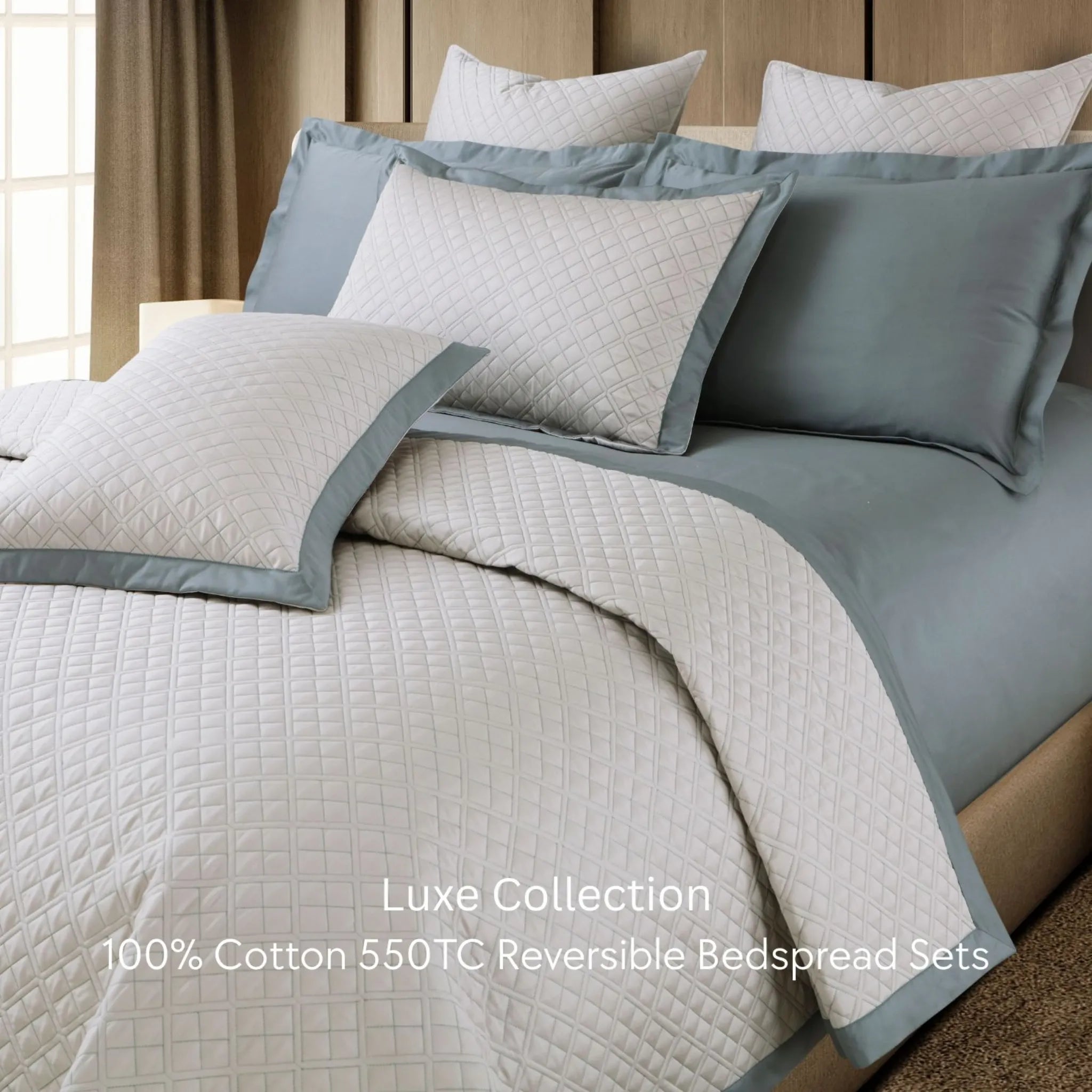 Malako Luxe 550 TC 100% Cotton Beige & Olive Green Solid King Size Reversible Bedspread Set