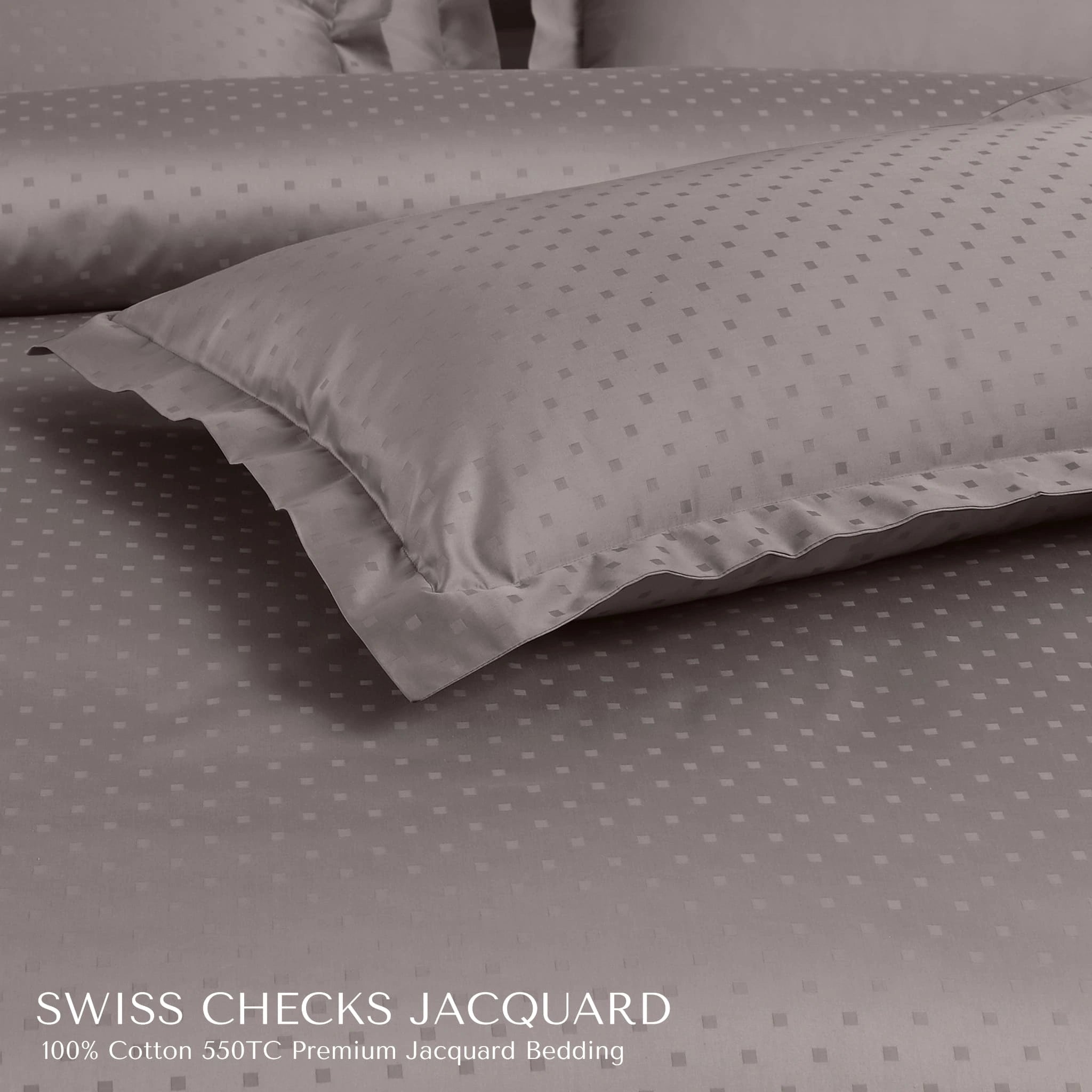 Malako Swiss Checks Jacquard Taupe Brown 550 TC 100% Cotton King Size 6 Piece Bedding Set