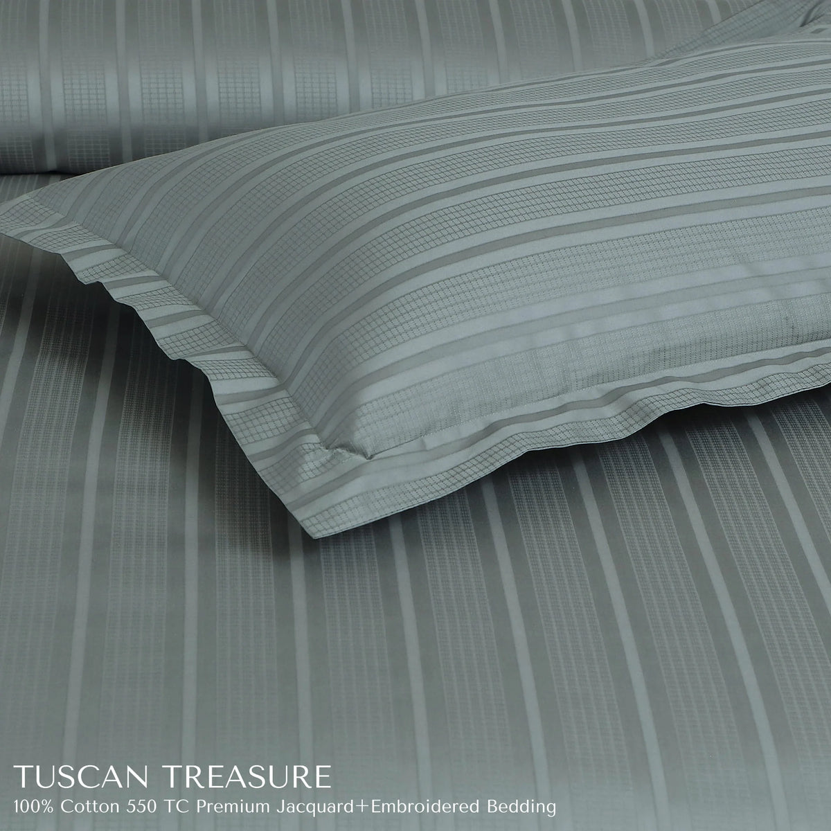 Malako Tuscan Treasure Striped Jacquard Olive Green 550 TC 100% Cotton King Size Duvet Cover Set