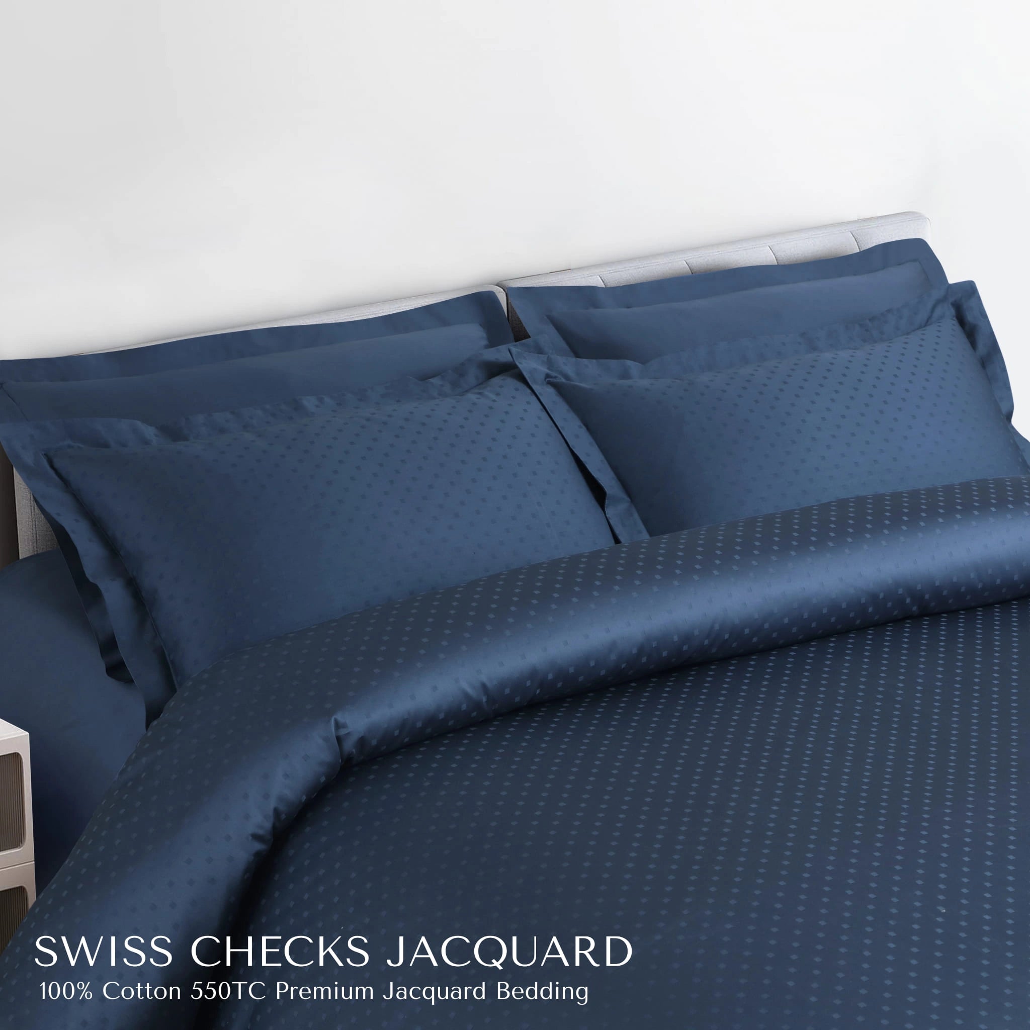 Malako Swiss Checks Jacquard Majolica Blue 550 TC 100% Cotton King Size Bedding