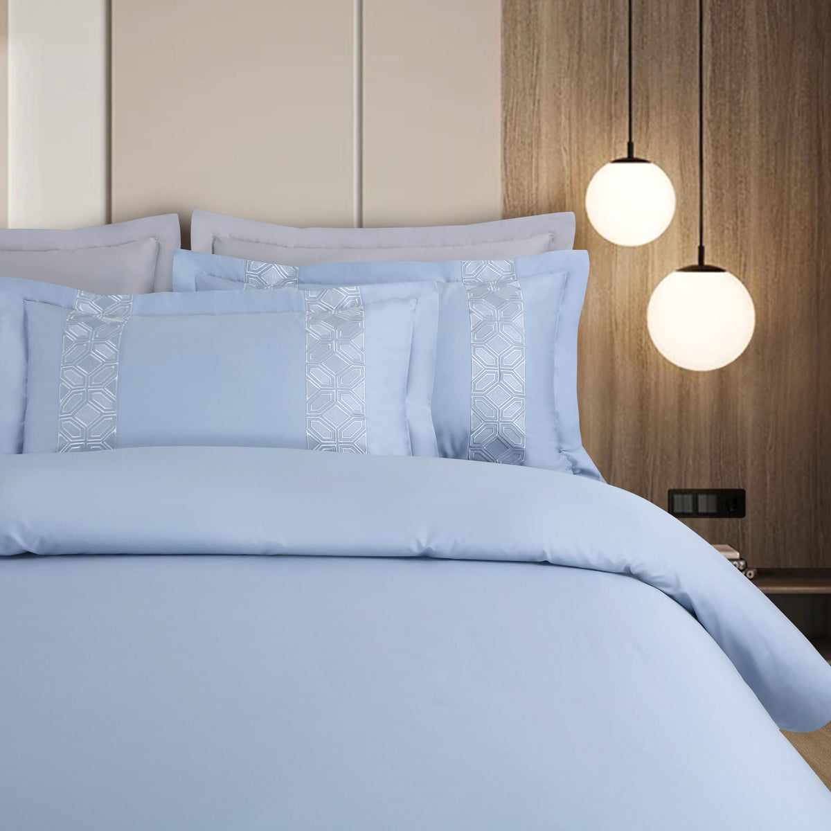 Malako Luxe Stitch & Dream: 550 TC Pigeon Blue Premium Embroidered Bedding