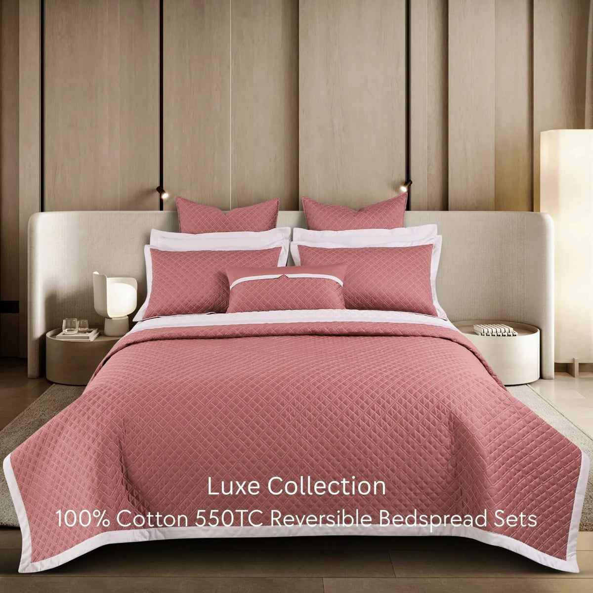 Malako Luxe 550 TC 100% Cotton Cedar & Beige Solid King Size Reversible Bedspread Set