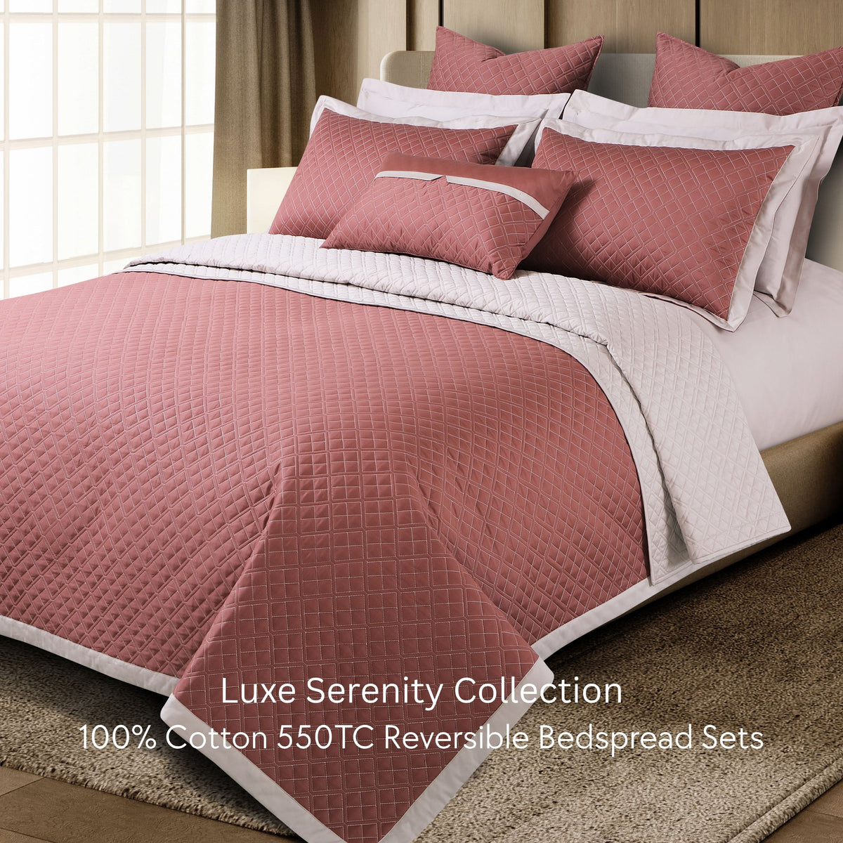 Malako Luxe: Serenity 550 TC 100% Cotton Cedar & Beige Solid King Size Reversible Bedspread Set