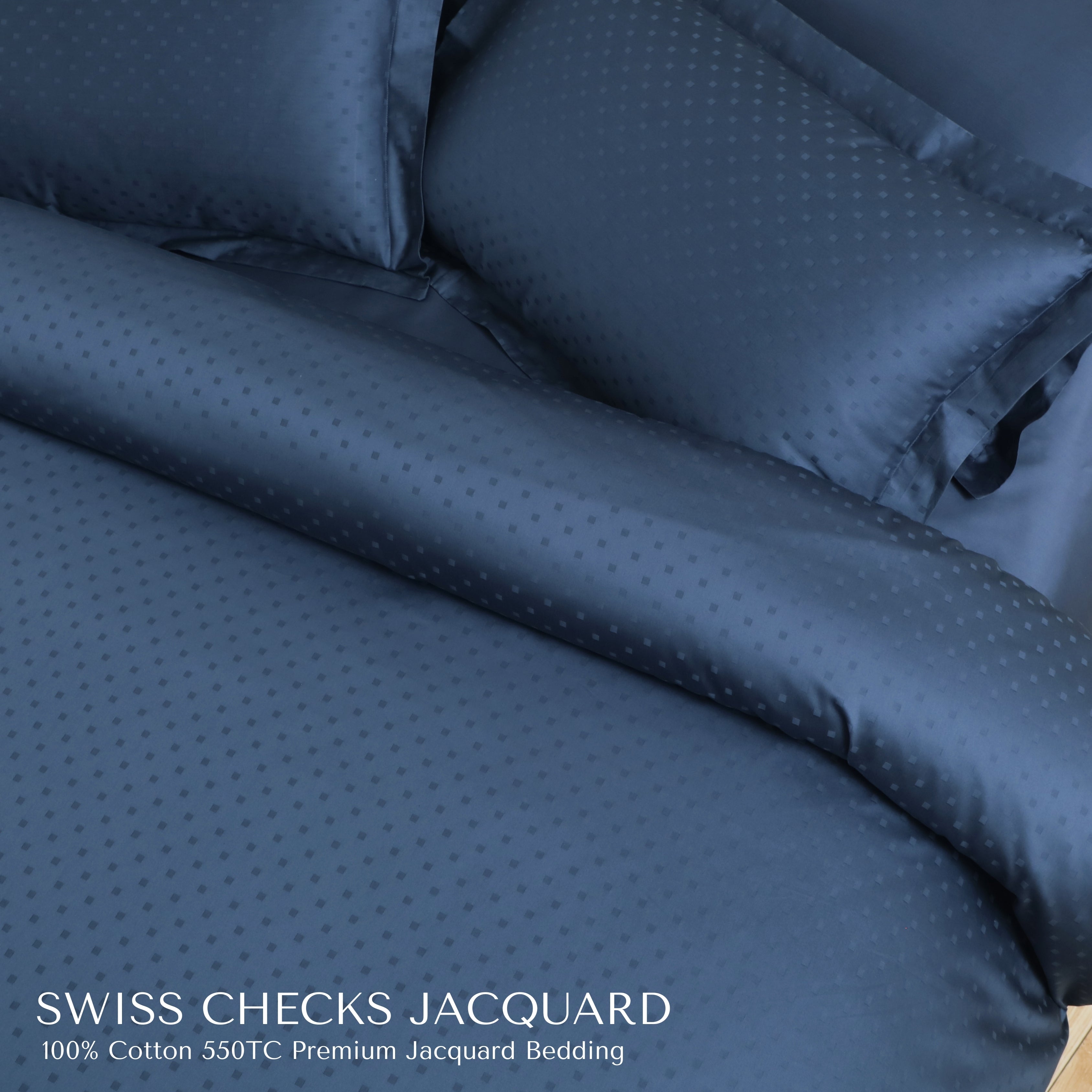 Malako Swiss Checks Jacquard Majolica Blue 550 TC 100% Cotton King Size Bedding