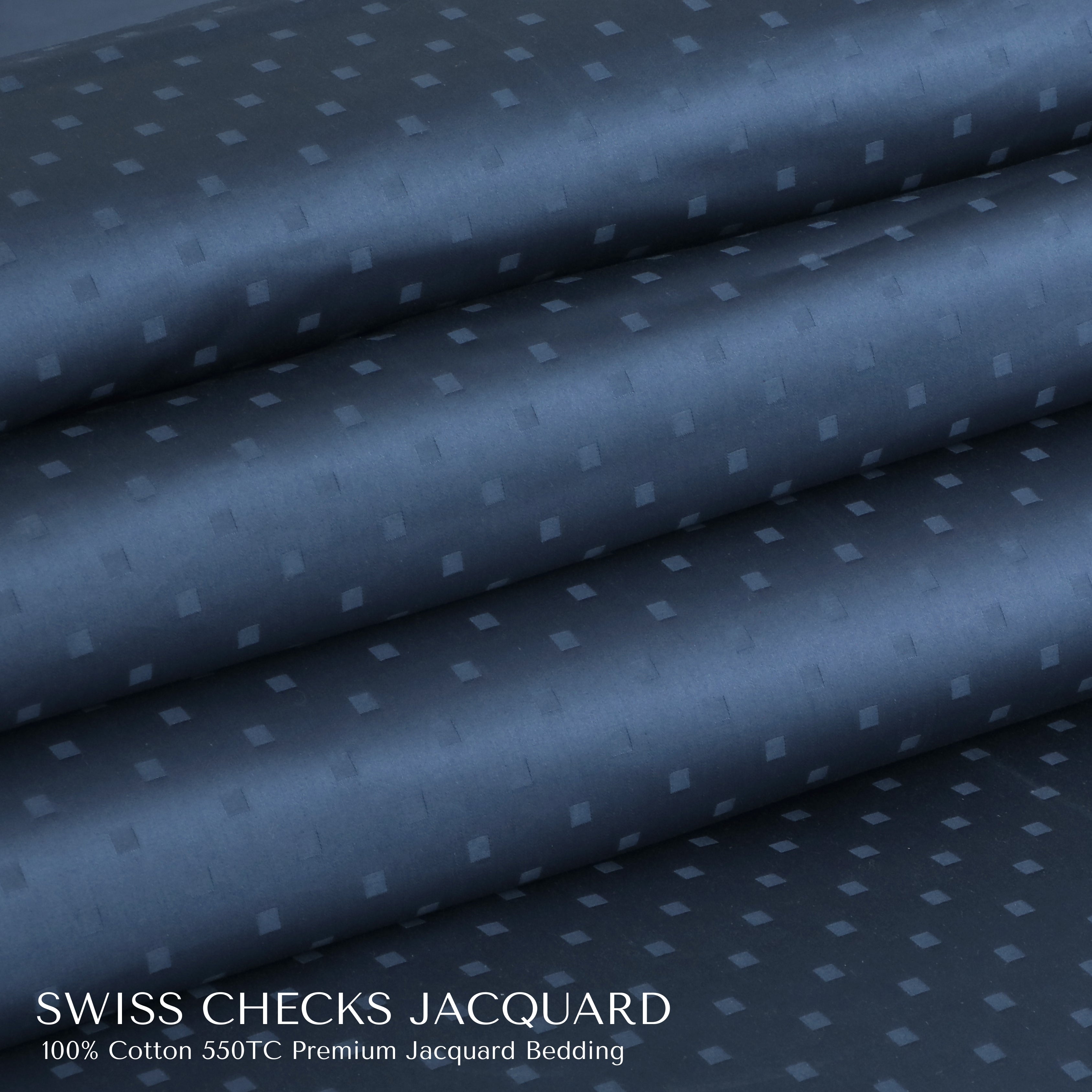 Malako Swiss Checks Jacquard Majolica Blue 550 TC 100% Cotton King Size Bedding