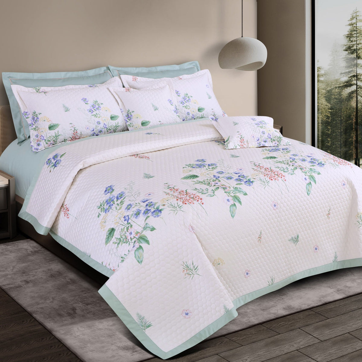 Malako Royale 100% Cotton Off White Botanic King Size 5 Piece Quilted Bedspread Set