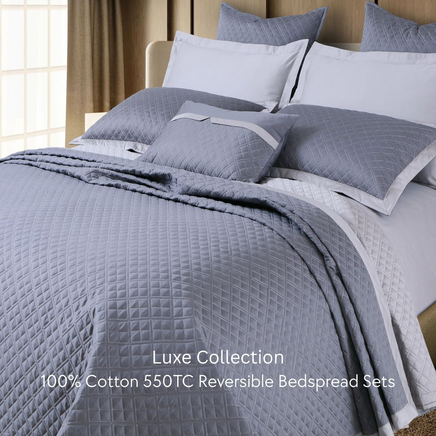 Malako Luxe 550 TC 100% Cotton Grey Solid King Size Reversible Bedspread Set