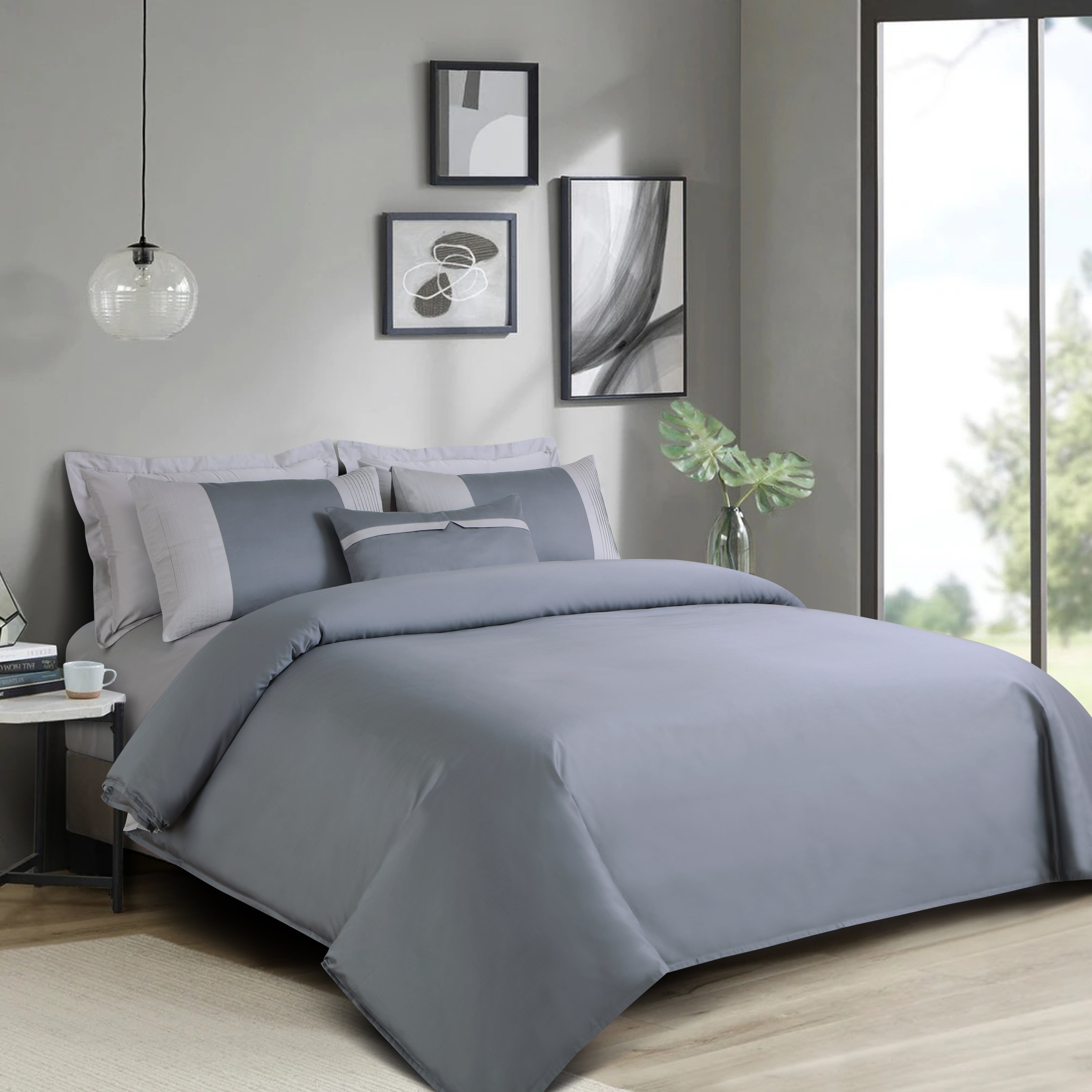 Malako Luxe Pintex 100% Cotton King Size 7 Piece Duvet Cover Set-Grey