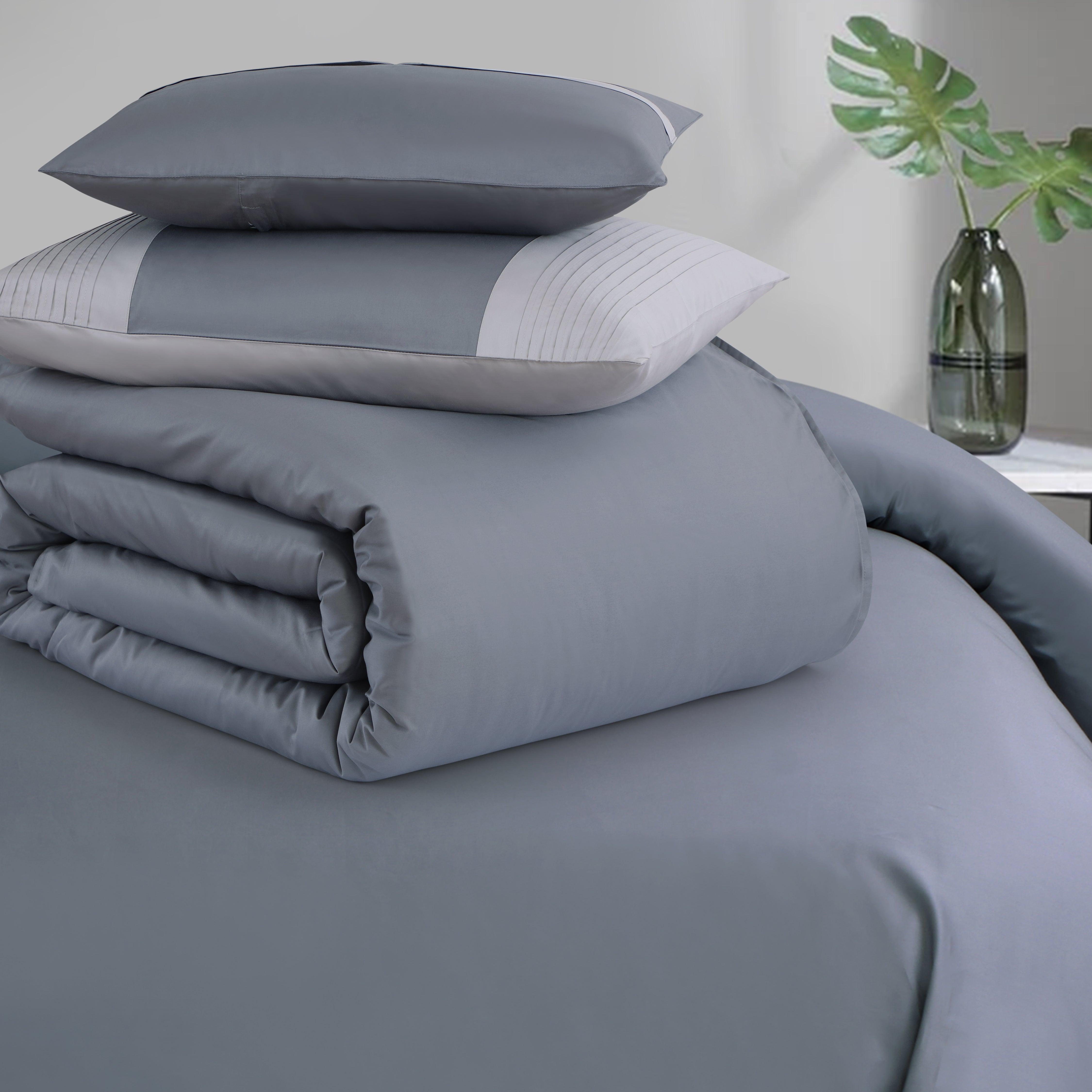 Malako Luxe Pintex 100% Cotton King Size 7 Piece Duvet Cover Set-Grey