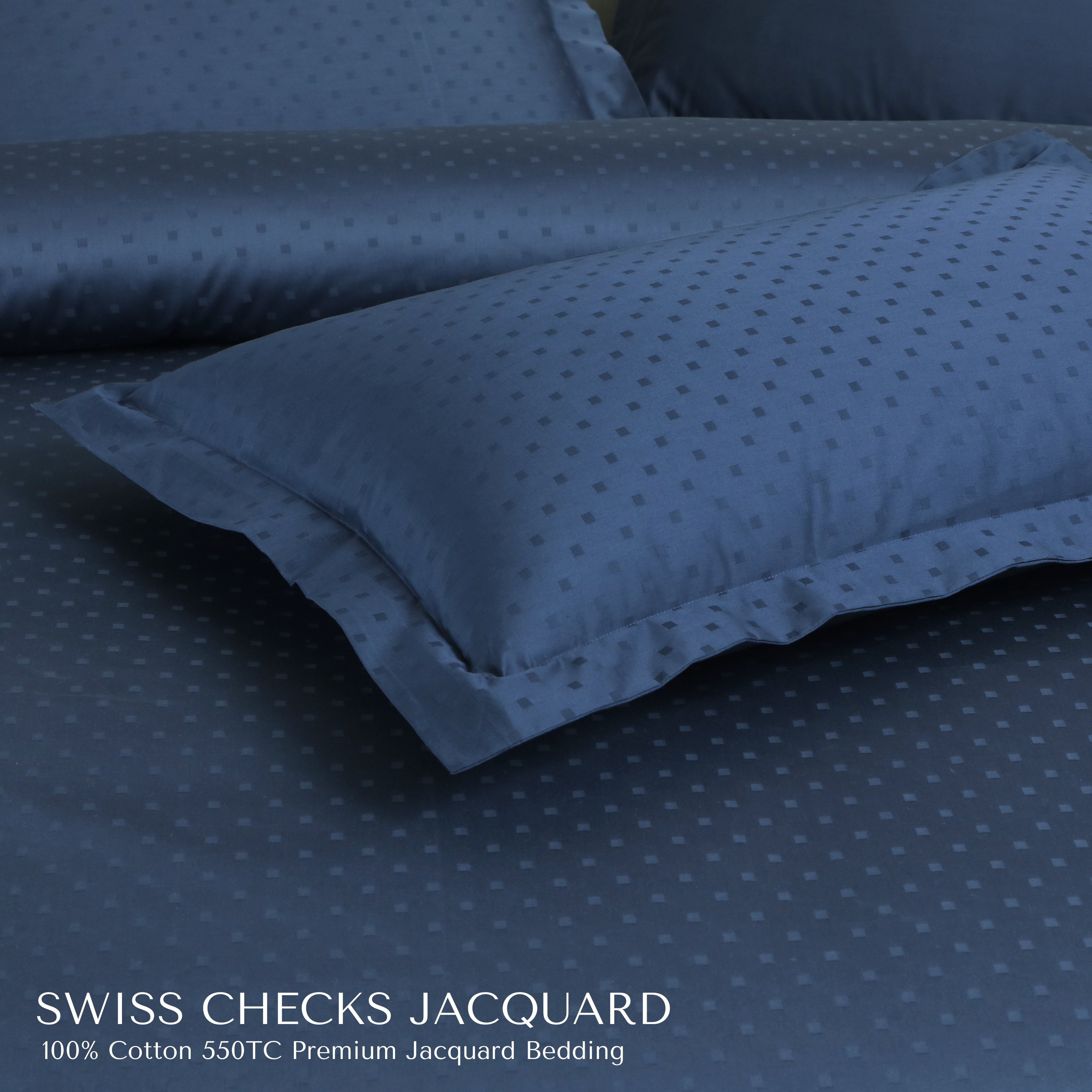 Malako Swiss Checks Jacquard Majolica Blue 550 TC 100% Cotton King Size Bedding