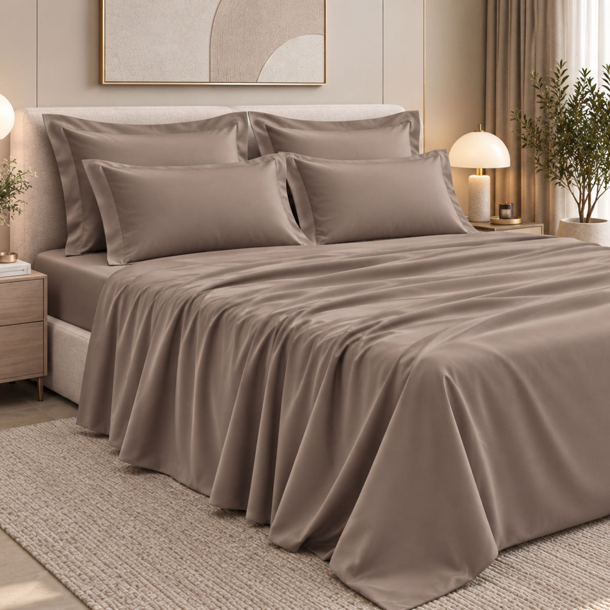 Malako Luxe: Vibrant Collection 550TC Taupe Brown 100% Cotton Super King Size Bedding