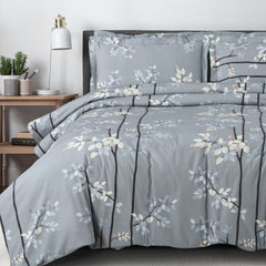 Malako Basel Grey Botanic 100% Cotton King Size Bedding Set