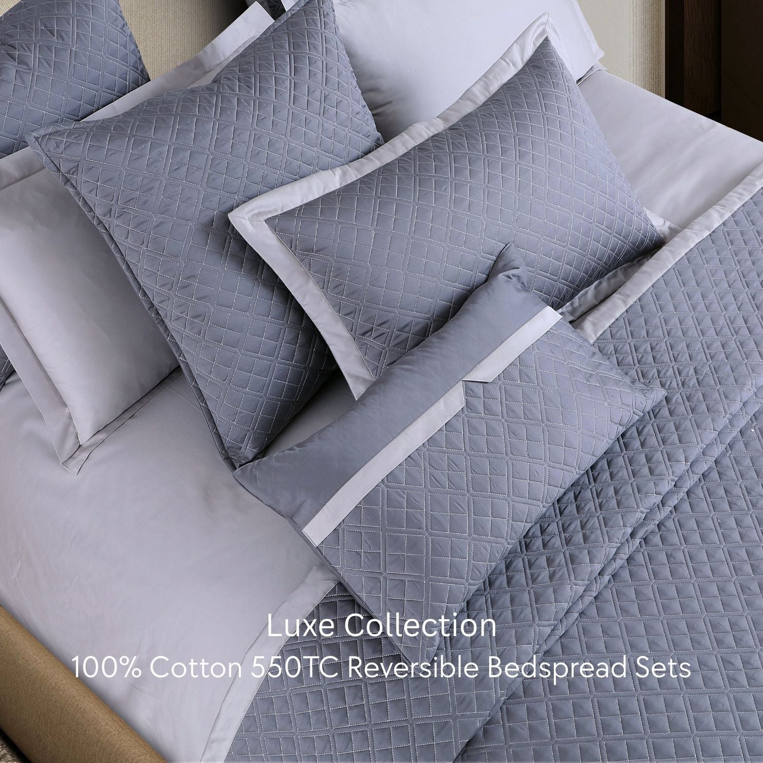 Malako Luxe 550 TC 100% Cotton Grey Solid King Size Reversible Bedspread Set