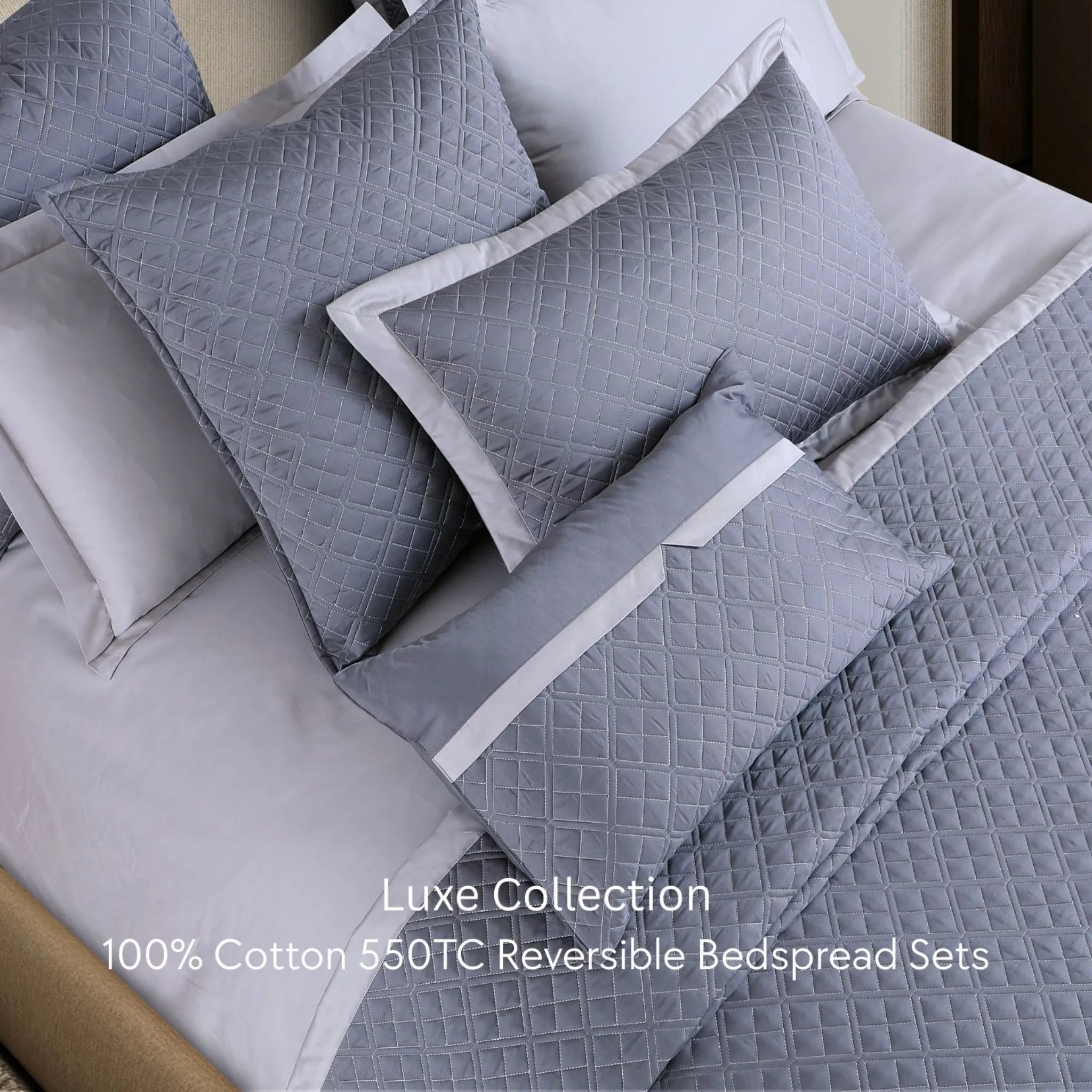 Malako Luxe 550 TC 100% Cotton Grey Solid King Size Reversible Bedspread Set