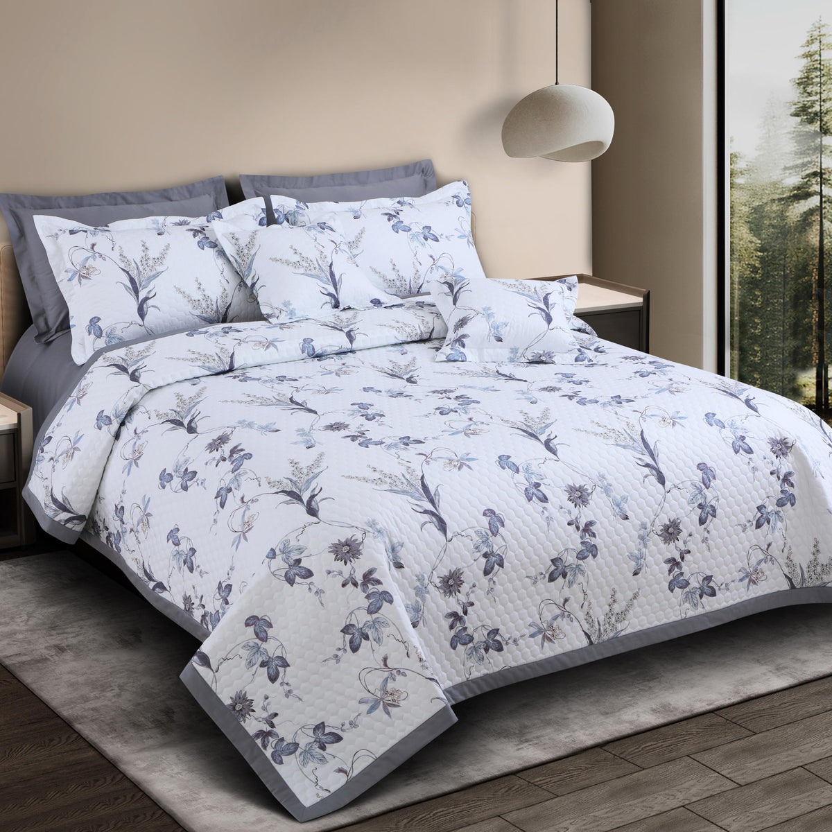 Malako Royale 100% Cotton Milk White Botanic King Size 5 Piece Quilted Bedspread Set