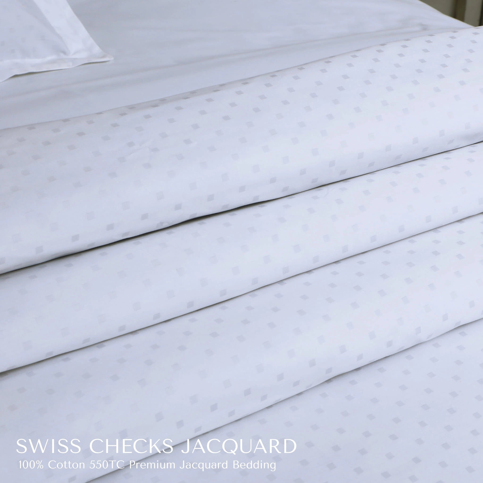 Malako Swiss Checks Jacquard Brilliant White 550 TC 100% Cotton King Size Bedding