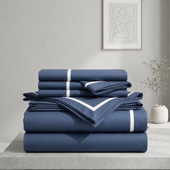Malako Luxe Striped 550TC Blue 100% Cotton Super King Size Duvet Cover Set with Bedsheet and 4 Pillow Covers
