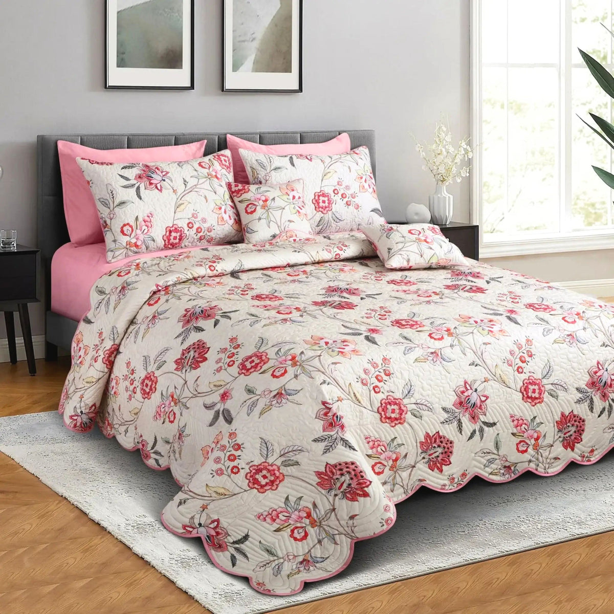 Malako Royale 100% Cotton Fohn Floral King Size 5 Piece Quilted Bedspread Set
