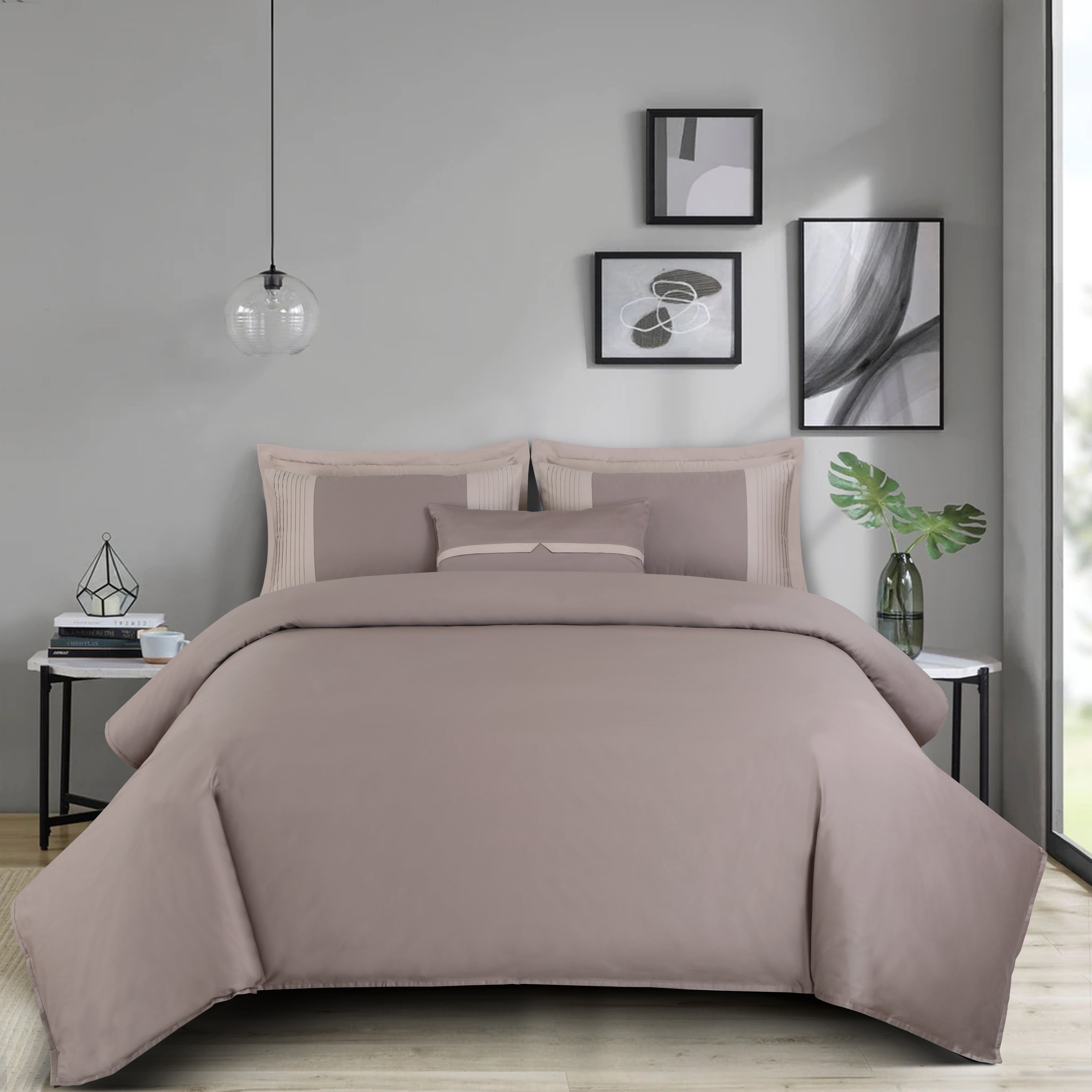 Malako Luxe Pintex 100% Cotton King Size 7 Piece Duvet Cover Set-Taupe Brown