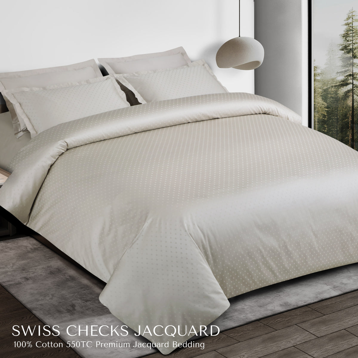 Malako Swiss Checks Jacquard Olive Beige 550 TC 100% Cotton King Size 6 Piece Bedding Set