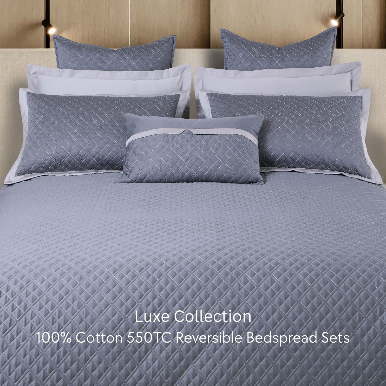 Malako Luxe 550 TC 100% Cotton Grey Solid King Size Reversible Bedspread Set