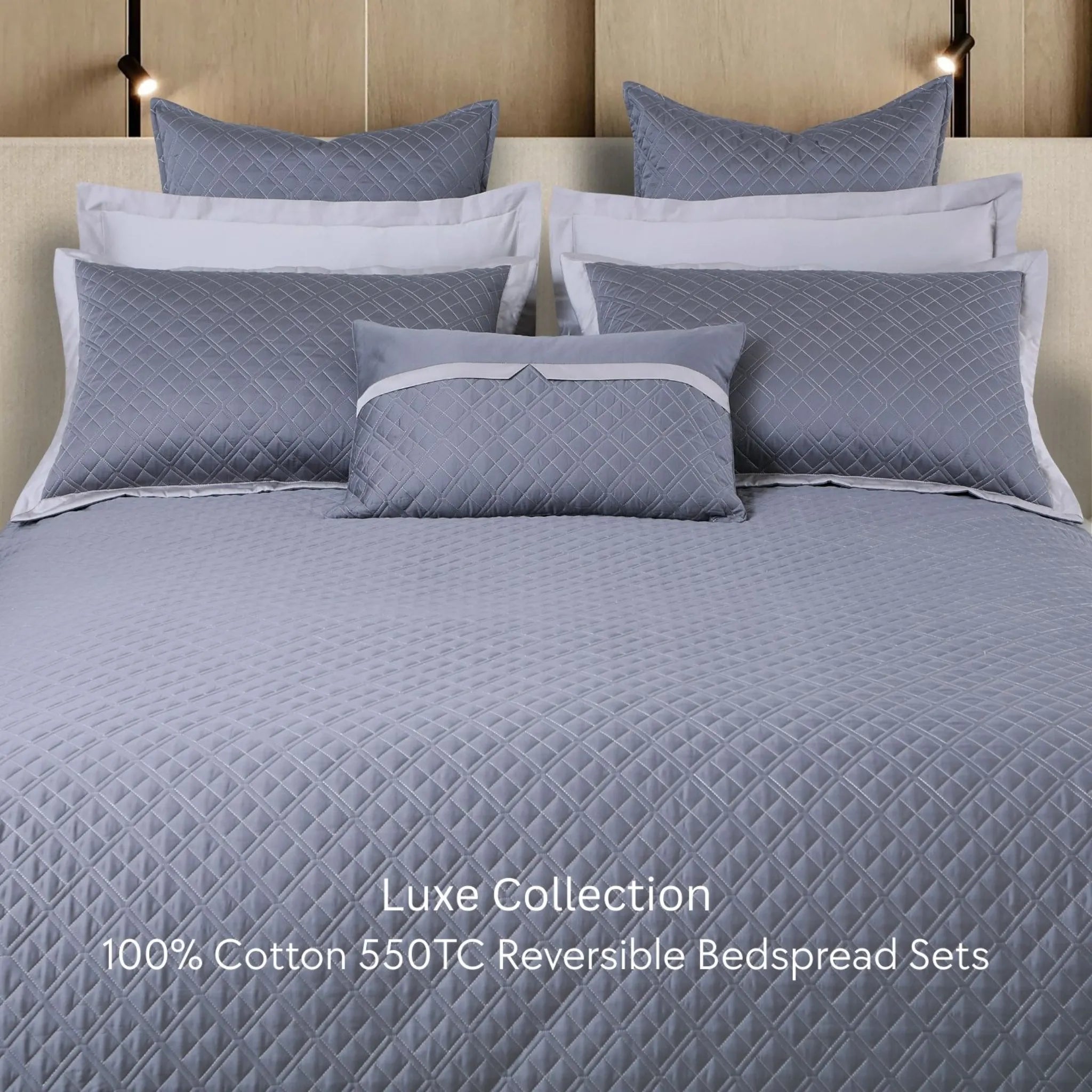 Malako Luxe 550 TC 100% Cotton Grey Solid King Size Reversible Bedspread Set
