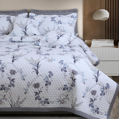 Malako Royale 100% Cotton Milk White Botanic King Size 5 Piece Quilted Bedspread Set