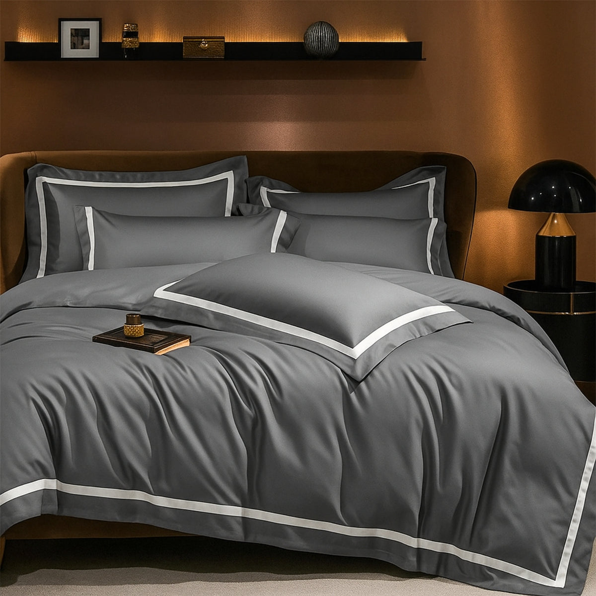 Malako Luxe Striped 550TC Grey 100% Cotton Super King Size Duvet Cover Set with Bedsheet and 4 Pillow Covers