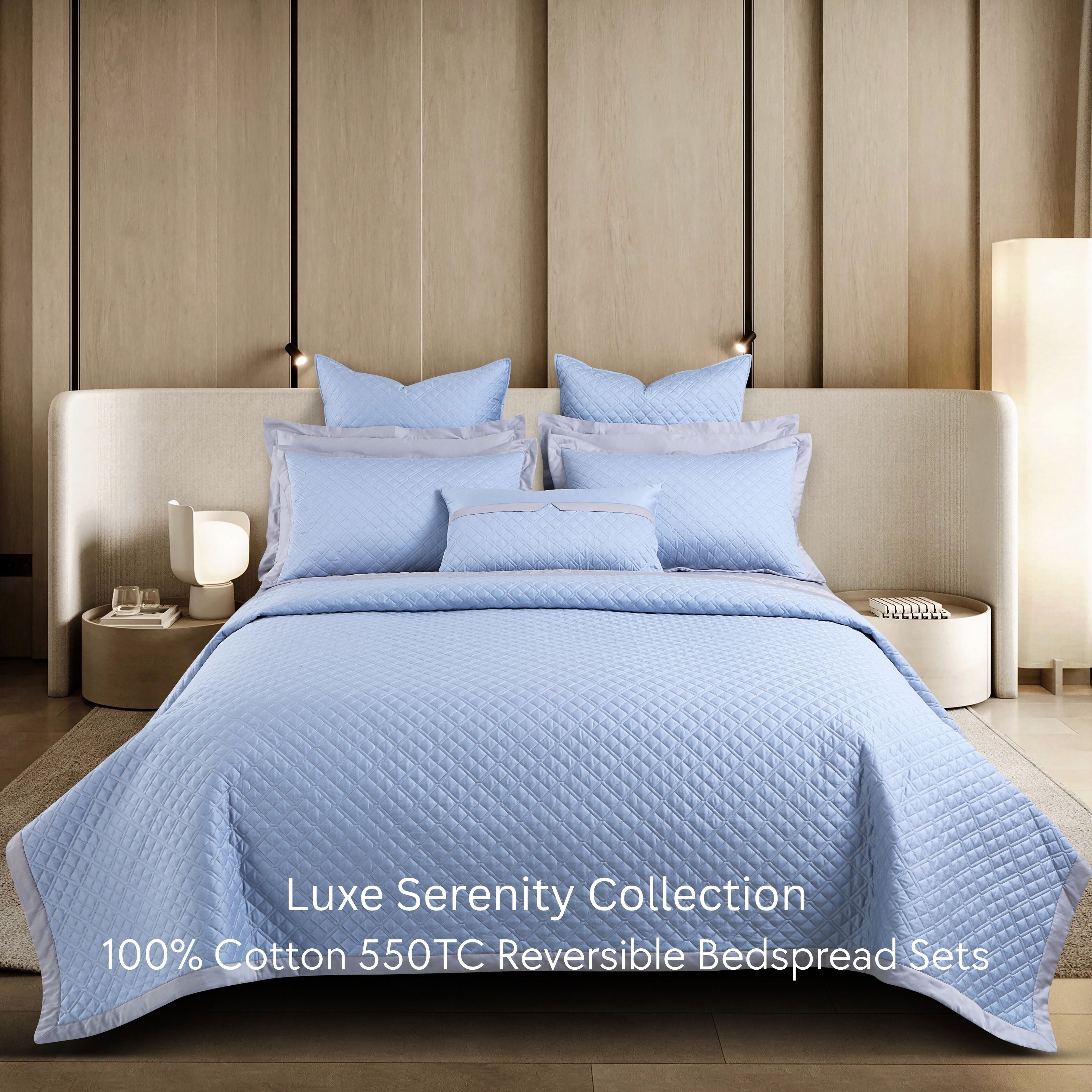 Malako Luxe: Serenity 550 TC 100% Cotton Pigeon Blue & Silver Solid King Size Reversible Bedspread Set
